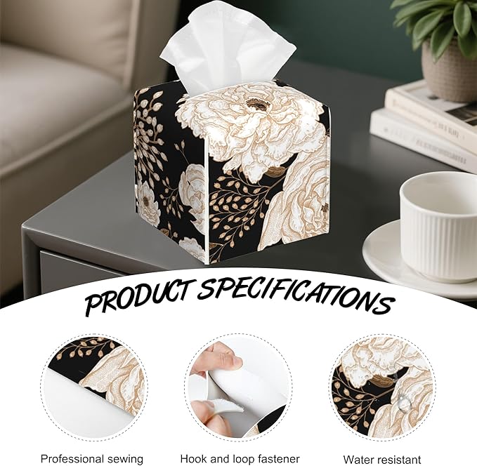 Vintage Peony Roses Tissue Box Cover,Berries PU Leather Tissue Box Holder Square,Modern Home Decoration for Bathroom Living Room Kitchen Office Car,5.2"×5.2"×5.2"