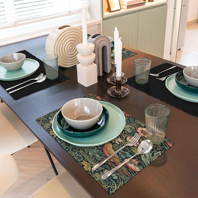William Morris Placemats, Vintage Rustic Abstract Green Plants Flowers Nature Birds Print Washable Fabric Placemats Table Kitchen Dining Party 12x18 Inch Set of 4