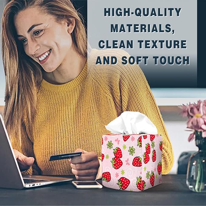 Tissue Box Cover Square Decorative Tissue Box Holder Cute Funny Cube Tissue Case Cover-Strawberry Tissue Box Cover