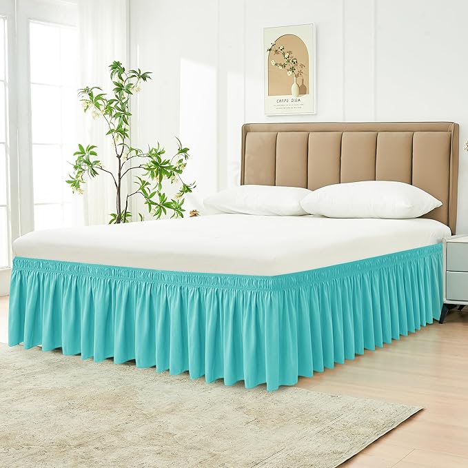 Biscaynebay Wrap Around Bed Skirts for King & Cal King Beds 17" Long Drop, Aqua Adjustable Elastic Dust Ruffles Easy Fit Wrinkle Resistant Silky Luxurious Fabric Machine Washable