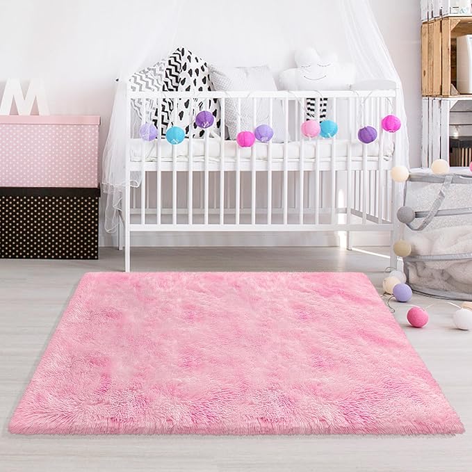 3x5 Fluffy Pink Rugs for Bedroom Girls, Soft Pink Fuzzy Rug for Girls Kids Baby Room, Kawaii Fuzzy Thick Shag Carpet Plush Mat Non-Slip Throw Rugs for Nursery Playroom Dorm Home