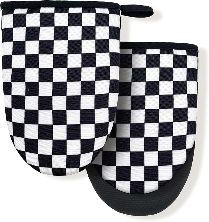 Checkerboard Chess Board Plaid Mini Silicone Oven Mitts, Heat Slip Resistant Kitchen Gloves 2-Pack Set, Soft Short Small Oven Mittens Pot Holders for Baking Grilling Barbecue Microwave Gift
