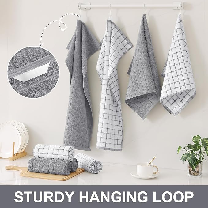 Homaxy Premium Cotton Kitchen Towels 16"x 28", Large Natural Ring Spun 390 GSM Dish Towels, Super Absorbent Terry Kitchen Hand Towels, Soft Tea Towels with Hanging Loop, Light Grey Check, 12 Pack