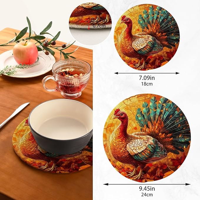 Thanksgiving Turkey and Autumn Leaves Trivets for Hot Dishes Pots and Pans Potholders Woven Trivet Cotton Round Large Pot Holder Decor Heat Resistant Hot Pads Mat for Table Counter Cooking Poth