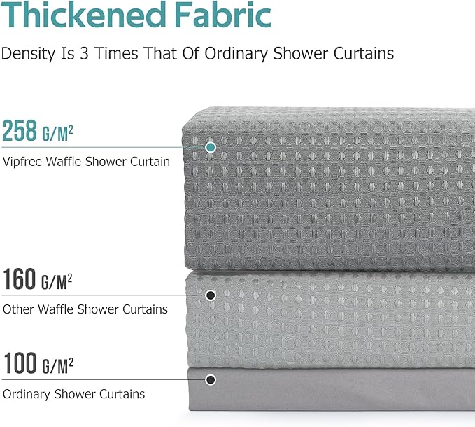 Vipfree 3 in 1 Shower Curtain Set, Waffle Shower Curtain and Liner Set with 12 Double Sided Shower Curtain Hooks, 258GSM Luxury Weighted Cloth Shower Curtains for Bathroom, 72 W x 72 H, Grey