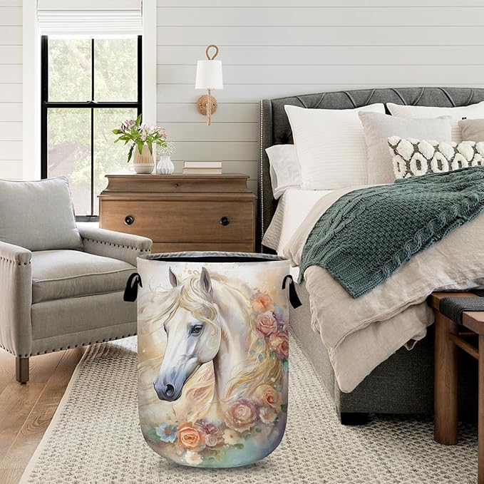 White Horse Flower Laundry Basket with Sturdy Handles, Glitter Floral Collapsible Oxford Cloth Laundry Hamper Organizer Basket for Bathroom Bedroom 15.7x20 Inch