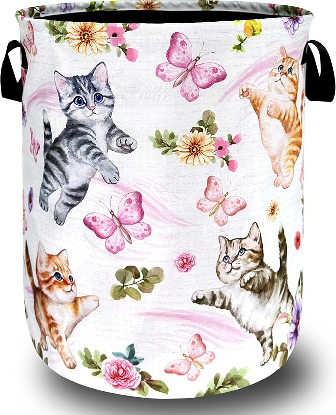 Cute Cats Butterfly Laundry Hamper Foldable Oxford Cloth Animal Floral Flowers Laundry Basket With Handle Portable Clothes Storage Basket Laundry Bag 18.9"x16.5" For Laundry Room/Bedroom/Bathrooms