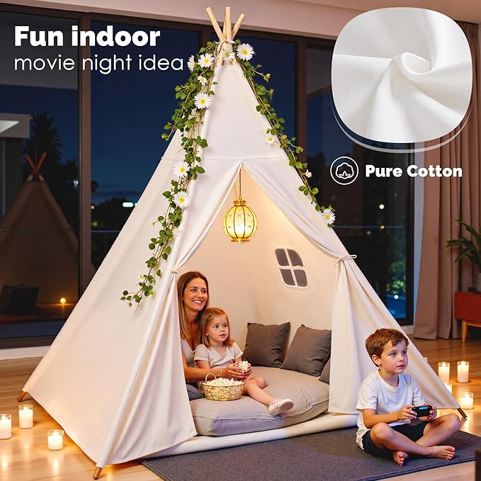 Sumbababy Large Teepee Tent for Kids Indoor - Cotton Canvas Slumber Play Tents for Adults - Foldable Sleepover Tents for Girls Boys Party Gift Toy, White