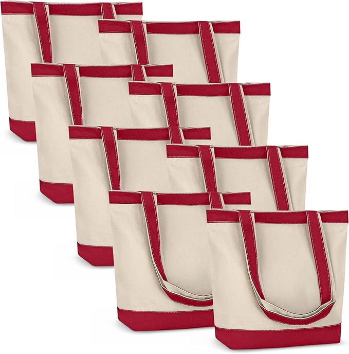 Canvas Tote Bag with Handles for Woman, Reusable Cloth Bag for Groceries and Shopping In Bulk - Blank Cotton Tote Bag, Suitable for DIY Projects HEAVY DUTY, 16"X14.5" With 4” Gusset, Red 8 Pack
