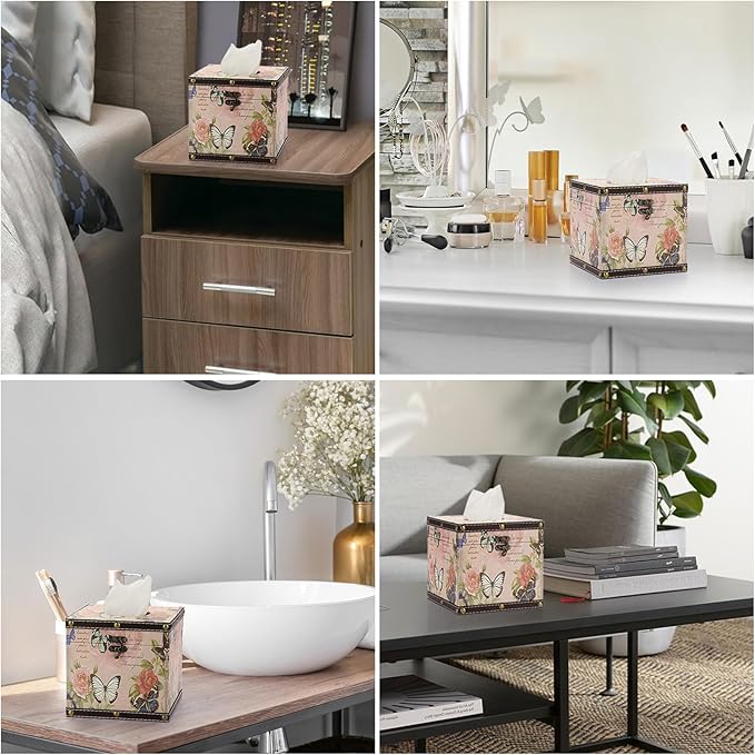 Sumnacon Tissue Box Retro Wood Square Tissue Box Cover Vintage Cube Tissue Box Holder,Decorative Tissue Holder for Bedroom Bathroom Toilet Table Desk Car Store Office Home Pink