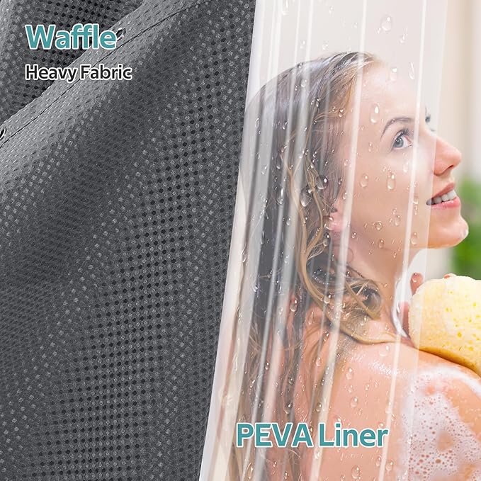 Vipfree 3 in 1 Shower Curtain Set, Waffle Shower Curtain and Liner Set with 12 Double Sided Shower Curtain Hooks, 258GSM Luxury Weighted Cloth Shower Curtains for Bathroom,72 W x 72 H,Graphite Gray