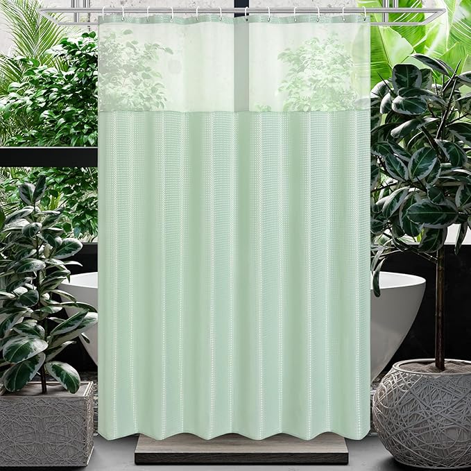 Gibelle Waffle Weave Shower Curtain with Mesh Top Window and Hooks Set, Spa Like Hotel Style Fabric Shower Curtain for Bathroom, Mint Green, 72x72
