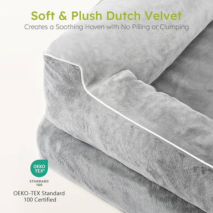 CWAWZ Dog Beds for Large Dogs, Orthopedic Pet Bed with Cooling Gel Memory Foam, Waterproof Large Dog Beds with Removable Washable Cover, 36" Pet Sofa Dutch Velvet with Blanket Bone Toy, Light Gray