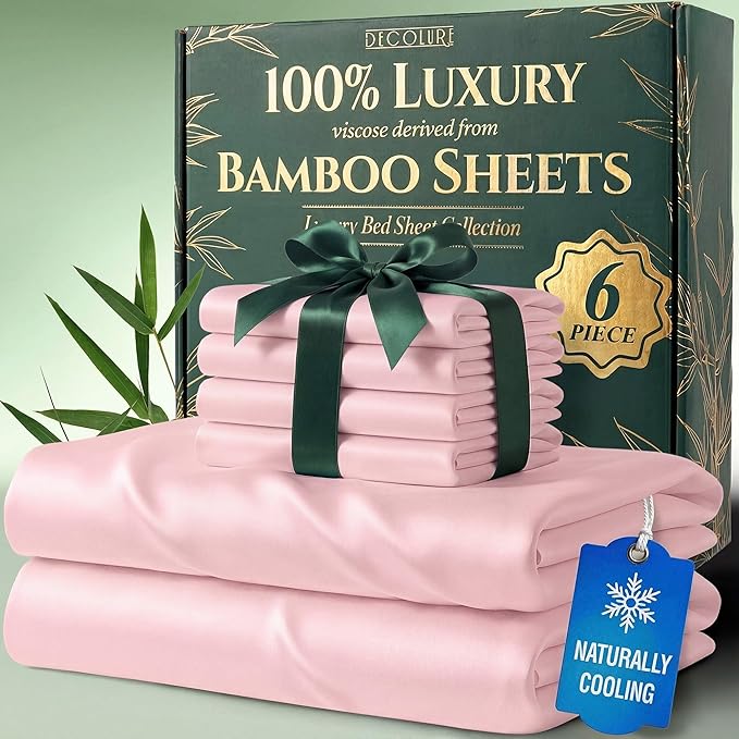 DECOLURE 100% Viscose Derived from Bamboo Sheets King Size - Luxury 6 Pc Naturally Cooling Sheets, Ultra Soft Bed Set - Deep 17" Pockets, Durable Double Stitching, Oeko Tex Standard (Light Pink)