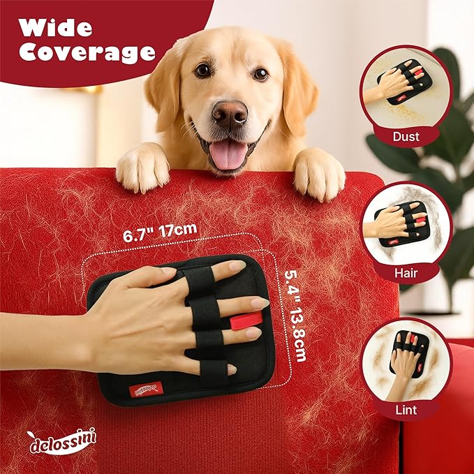 DELOSSINI Pet Hair Removal Glove, Reusable Electrostatic Pet Hair Remover Glove for Cat & Dog, Washable 4 Finger Upgraded Version Pet Hair Mitt for Couch, Furniture, Car Seat - 1 PCS