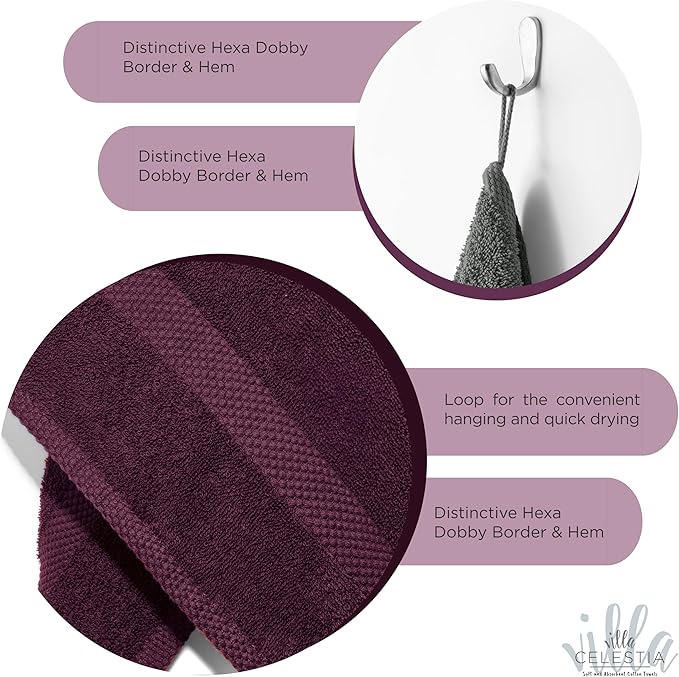 Villa Celestia 100% Cotton Hand Towel Set of 4, (16 x 28 inches) Sustainable, Soft, Highly Absorbent, Quick Drying, Combed Cotton Hand Towels Pack of 4 Ideal for Hotels, Spa, Bathroom, Dorm, Burgandy