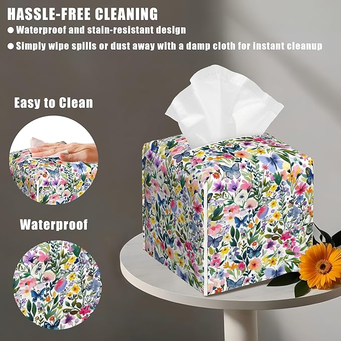 BLYKVGHQ Butterfly Square Tissue Box Cover Watercolor Flowers and Plants Tissue Box Holder Facial Cube Paper Dispenser Leather Decorative Organizer Home Office Desk Decor, 5.2"x5.2"x5.2"