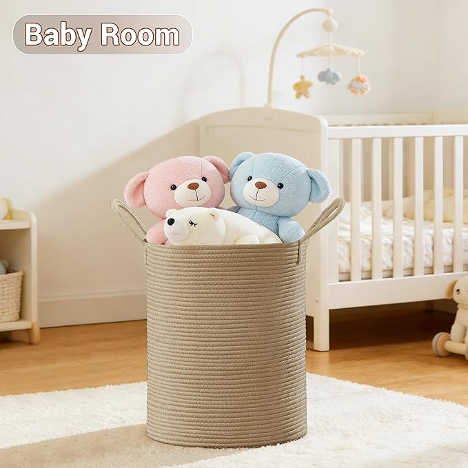 SunNewt Tall Laundry Basket with Handles, 53L Portable Dirty Clothes Hamper, Boho Cotton Rope Storage Bin for Blankets Kids Toys Gifts, Decorative Organizer for Baby Nursery Bedroom Bathroom, Jute