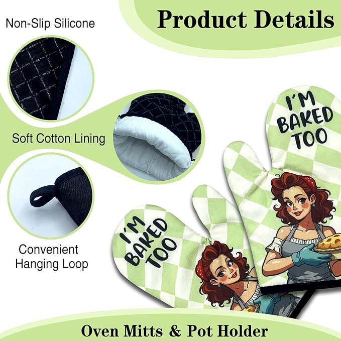 Funny Baking Oven Mitts and Pot Holders Set of 3, I'm Baked Too, Heat Resistant Non-Slip Kitchen Mitts Hot Pads, Baking Gifts for Hostess, Sweet Housewarming Gifts for Mom Wife Bake Lover