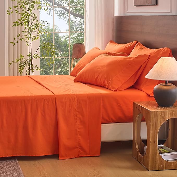 Bedlifes 100% French Linen Sheets Queen Size 18-24" Extra Deep Pocket 4-Piece Set Breathable & Moisture-Wicking,Soft & Durable Sheets for Thick Mattresses(Orange)