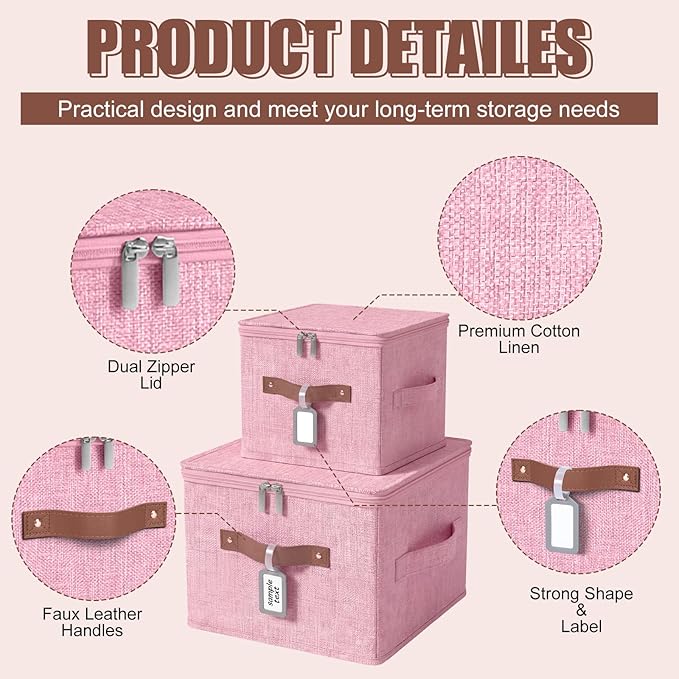 Fiwochic 6 Pack Fabric Storage Bins with Lids and Label, 10×8×7Inch Foldable Cotton Linen Cute Storage Boxes with PU Leather Handles for Closet, Bedroom, Shelf, Nursery, Pink