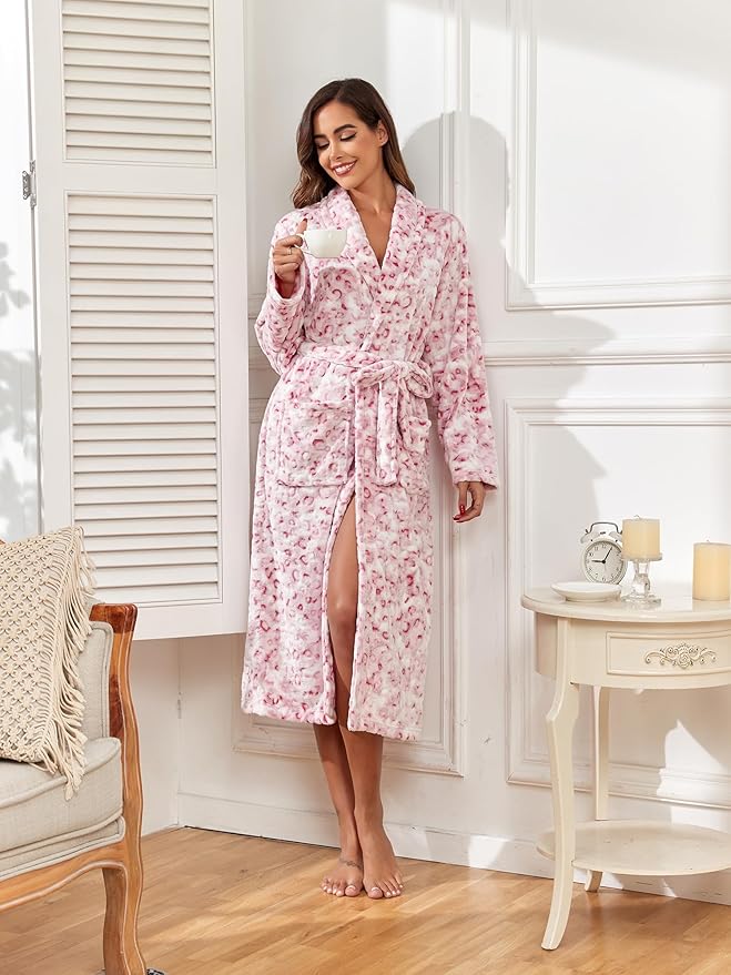 RONGTAI Womens Bathrobe Ladies Fleece Plush Warm Long Robes Fleece Nightgown Sleepwear
