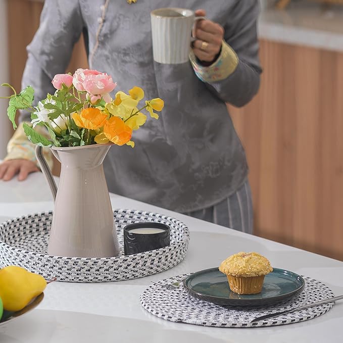 Art PineCone's Woven Cotton Rope Round Placemats Set of 4 with Holder Included, Non-Slip, and Heat Resistant Shabby Chic Placemats (Blended Charcoal, 13 inch)