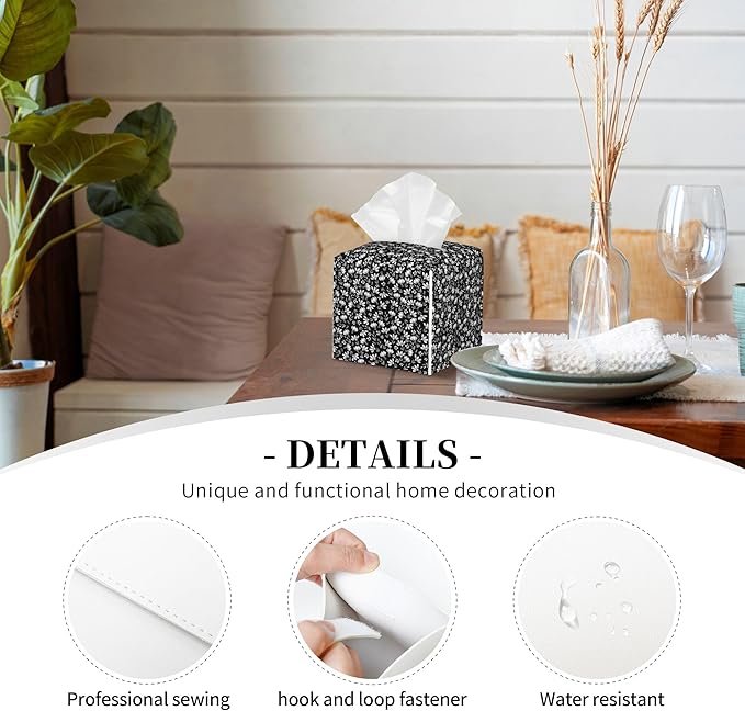 POIUBLE Leather Tissue Box Holder Black and White Flowers Tissue Box Cover Square Waterproof Tissue Holder Organizer Modern Napkin Holder for Bedroom Dresser Night Stand Office Desk