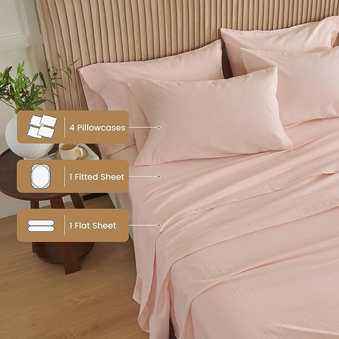 Simple&Opulence Belgian Linen Sheet Set Solid Color - 6 Pieces (1 Flat Sheet & 1 Fitted Sheet & 4 Pillowcases) 16" Deep Pocket Natural Flax Cotton Blended Soft Bedding - Pale Pink, King Size