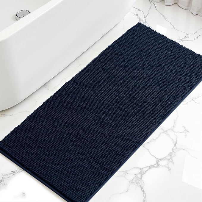 subrtex Bath Mat, Chenille Bath Rug, Soft Short Plush Bath Mat, Water Absorbent Shower Mat, Quick Dry, Machine Washable, Navy, 24' x 60'