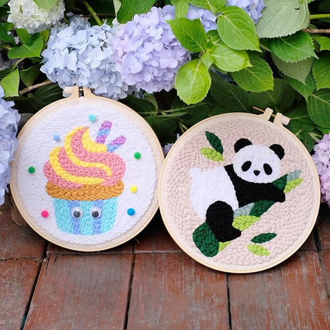 HAND U JOURNEY Punch Needle Beginner DIY Kit – 18 Colors Yarn, 2 x 8.4 Hoops with Panda & Cupcake Patterns, Punch Tool, Skill Guide, and Monk's Cloth for Creative Embroidery Craft