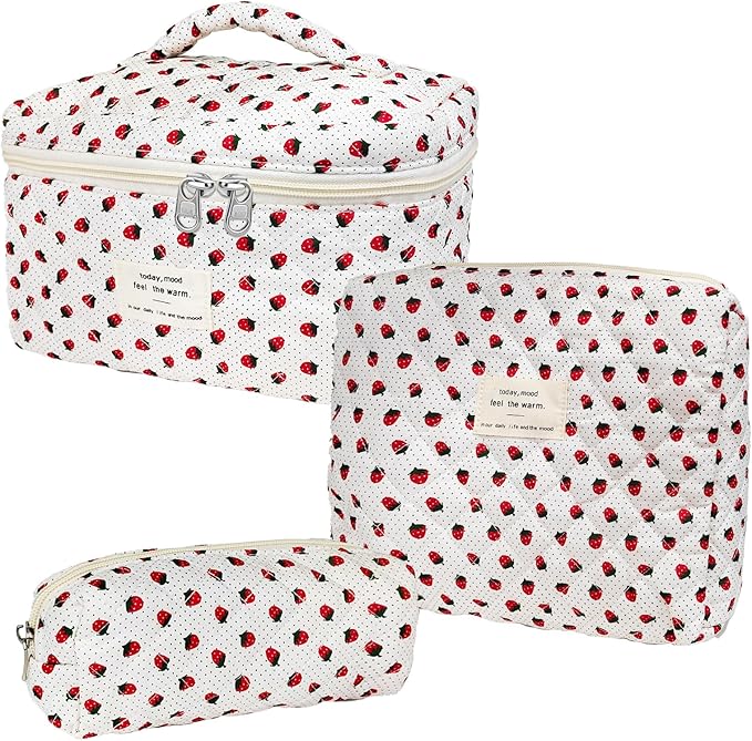 Cozomga Quilted Makeup Bag, Large Capacity Travel Cosmetic Bag for Women and Girls, Aesthetic Storage for Daily and Travel Use (3pcs-Wildstrawberry)