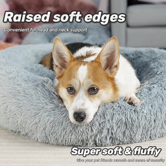 Raimaiso Anti Anxiety Round Fluffy Plush Faux Fur Warm Washable Dog Bed & Cat Bed, Original Bed for Small Medium Large Pets,Used to Relieve Joints and Improve Sleep（20"/24"/27''） (20", Light Grey)