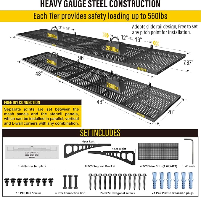 Aecxm 4-Pack 1.64x4ft Adjustable Garage Wall Shelving 1120lbs Load Capacity Heavy Duty Wall Mounted Storage Shelf Metal Floating Shelves for Garage(Black)