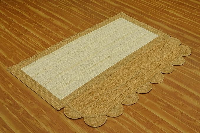 Scalloped Edge Rug, Hand Woven Natural Jute Area Rug, 12x15 Ft Beige & Brown Braided Sisal Kilim Rugs for Living Room, Kitchen, Entryway, Farmhouse