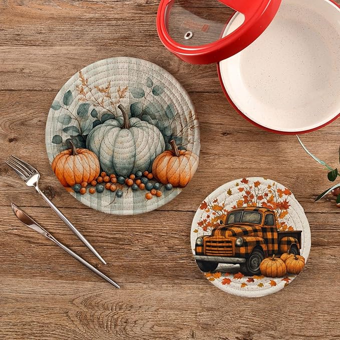 Autumn Pumpkins Trivet Mat 2PCS Fall Leaves Truck Round Woven Potholders Kitchen Table Countertop Protector Hot Pads Farmho