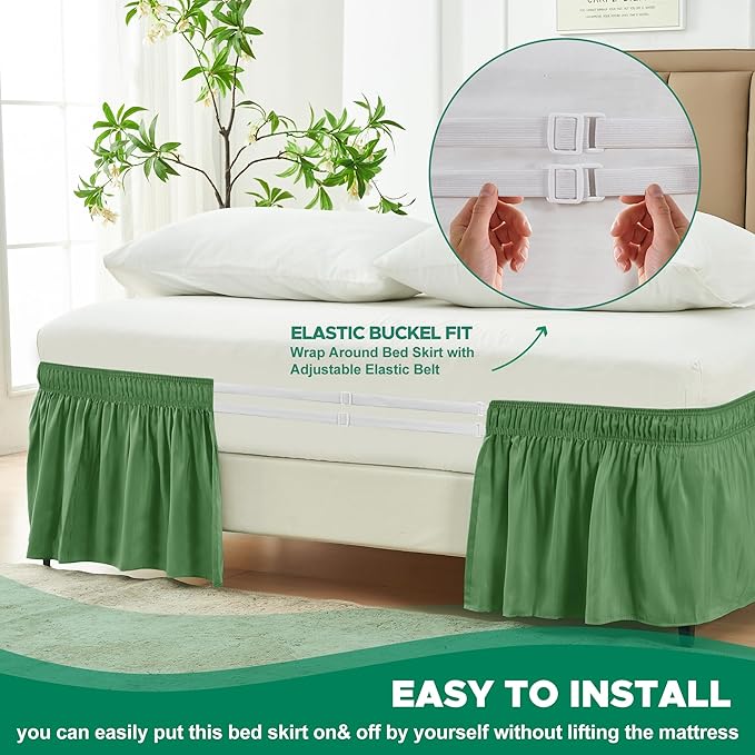 Biscaynebay Wrap Around Bed Skirts for Queen Beds 19" Long Drop, Sage Adjustable Elastic Dust Ruffles Easy Fit Wrinkle Resistant Silky Luxurious Fabric Machine Washable