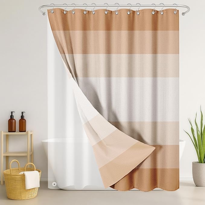 Nesphy Shower Curtain and Liner, Ombre Beige Striped 3 in 1 Shower Curtain and PEVA Liner Set with 12 Rust-Resistant Metal Hooks, Waterproof Fabric Shower Curtains for Bathroom, 72 W x 72 H