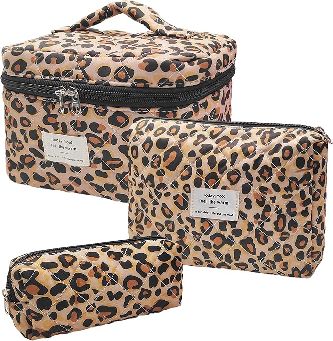 Cozomga Quilted Makeup Bag, Large Capacity Travel Cosmetic Bag for Women and Girls, Aesthetic Storage for Daily and Travel Use (3pcs-Classicleopard)
