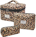 Cozomga Quilted Makeup Bag, Large Capacity Travel Cosmetic Bag for Women and Girls, Aesthetic Storage for Daily and Travel Use (3pcs-Classicleopard)