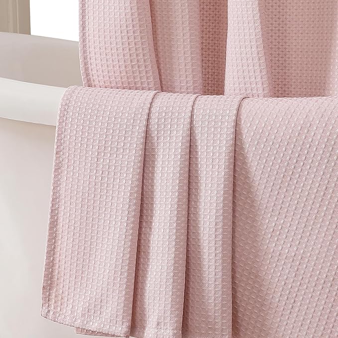 OVZME Blush Pink Shower Curtain Set, Waffle Textured Heavy Duty Fabric Shower Curtain for Bathroom, Luxury Hotel Weighted 230GSM Waterproof Bath Curtain with 12 Plastic Hooks, Machine Washable, 72x72