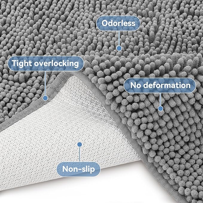 Bcoimo 36"×24" Absorbent Bath Mat, Non-Slip with Backing Chenille Bath Rug and Machine Washable Bathroom Mat Quick-Dry Design. Ideal for Bathroom and Tub Areas