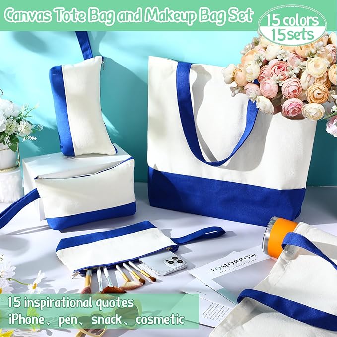 Sanwuta Canvas Tote Bags Bulk with Zipper Cosmetic Pouch 18.5" Reusable Cotton Shopping Bag with Handle for DIY Craft