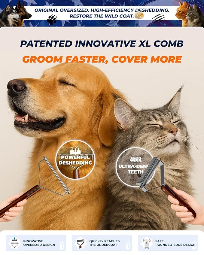 Extra Large 2-Sided Undercoat Rake for Dogs & Cats, Dog Brush for Shedding Remove Mats, Dematting Comb, Safe&Gentle Grooming Brush for German Shepherds Medium to Long-Haired Pets,Premium Wooden Handle