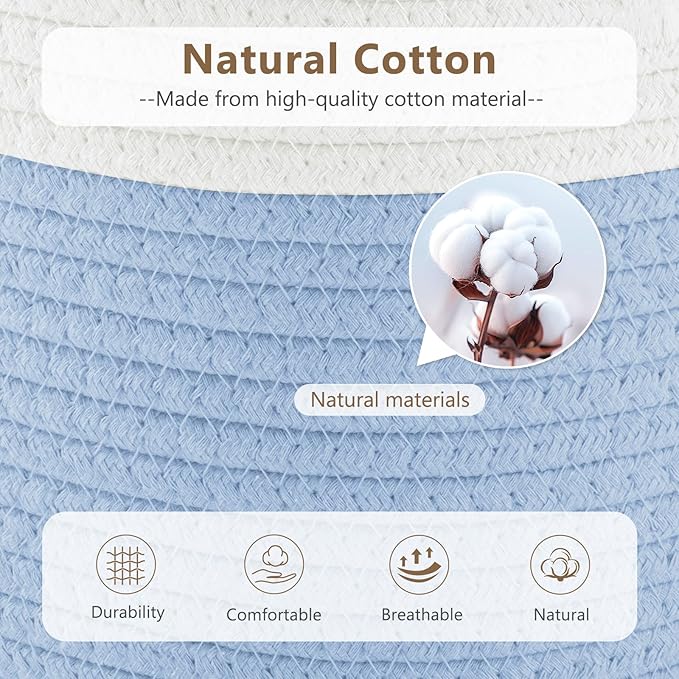 ECDYQXVU Cotton Rope Basket, Storage Baskets with Handle, 15x10x9 Inch Woven Basket for Shelves, Laundry, Towels, Clothes, Books (White/Blue 1Pack)
