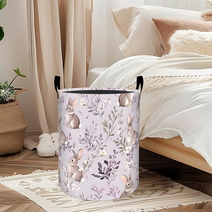 ainori Rabbit Floral Laundry Basket, Oxford Cloth Pastel Cute Dirty Clothes Collapsible Hamper for Room Decor, Bunny and Flower Plant Print Gifts Toy Organizer 19.7*15.8 Inch for Bedroom Bathroom Dorm