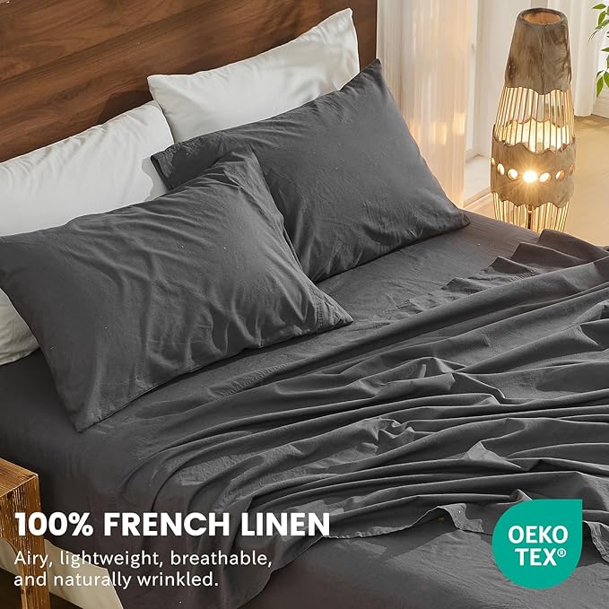 Bedlifes 100% French Flax Linen Sheets Set California King Size-6 Piece Extra Deep Pocket 18-24",Soft Breathable Cal King Bed Sheets with Temperature Regulating & Moisture-Wicking(Dark Grey