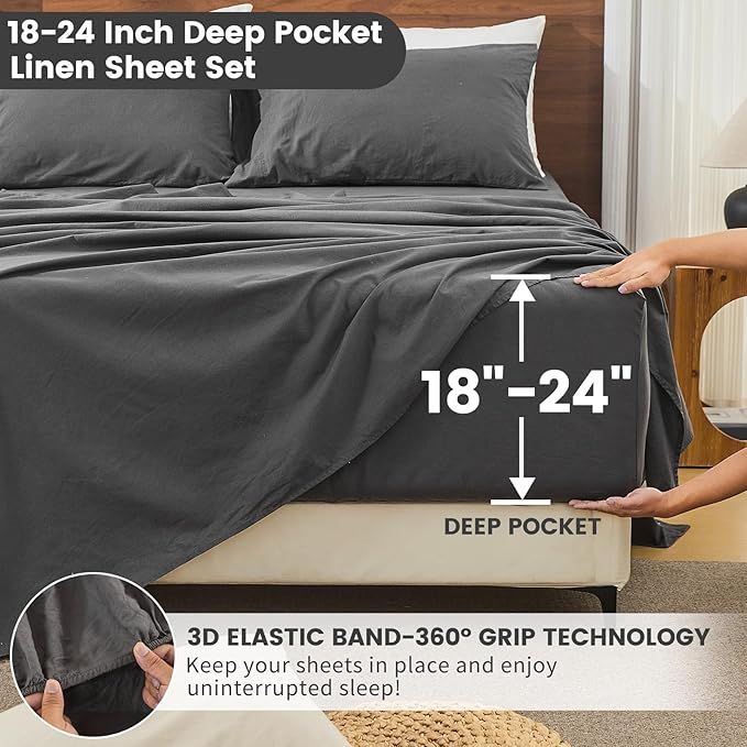 Bedlifes 100% French Linen Sheets King Size 18-24”Extra Deep Pocket 4-Piece Set Breathable & Moisture-Wicking,Soft & Durable Sheets for Thick Mattresses(Dark Grey)