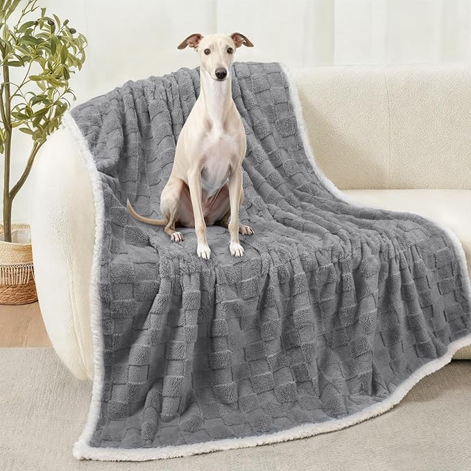 Luciphia Waterproof Dog Blanket for Large Dogs Washable Soft Sherpa Fleece Cat Blankets with 3D Jacquard Cozy Calming Reversible Bed Couch Protector Furniture Protection for Pet, Gray White,65x57 inch