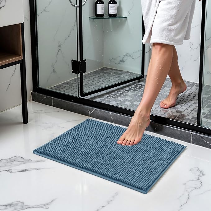 SUBRTEX Bathroom Rugs Chenille Bath Rug Soft Short Plush Bath Mat Soft Shower Mat Water Absorbent Shower Mat Quick Dry Machine Washable(Stone Blue,16" x 24")